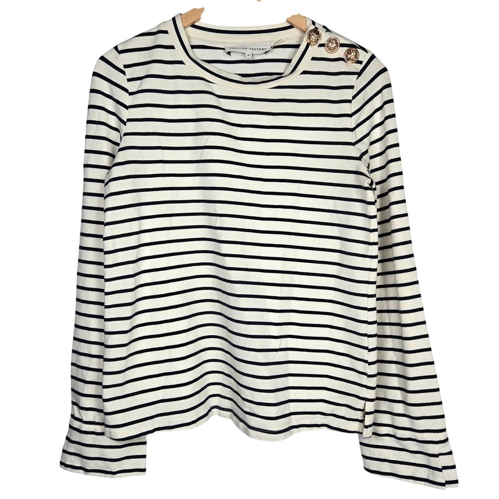 English Factory Breton Striped Long Sleeve Top with Gold Buttons Cream Navy S - Picture 2 of 12